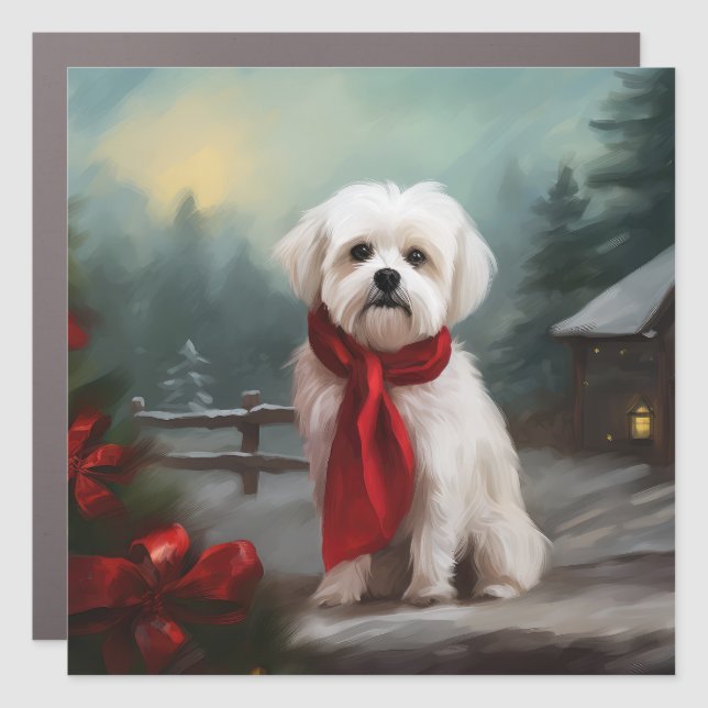 Maltese Dog in Snow Christmas  Car Magnet (Front)