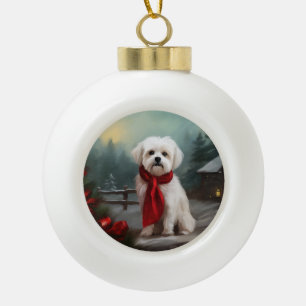 Maltese Dog in Snow Christmas Ceramic Ball Christmas Ornament