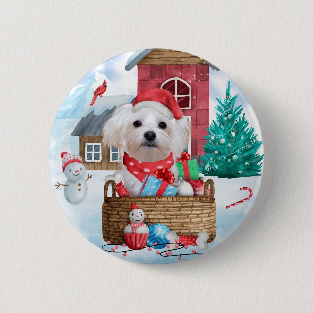 Maltese Dog In snow Christmas Dog House Button (Front)