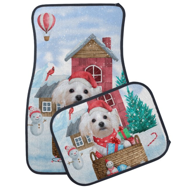 Maltese Dog In snow Christmas Dog House Car Floor Mat (Set)