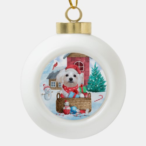 Maltese Dog In snow Christmas Dog House Ceramic Ball Christmas Ornament