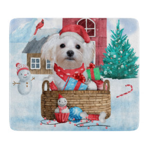 Maltese Dog In snow Christmas Dog House Cutting Board