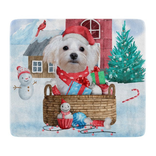 Maltese Dog In snow Christmas Dog House Cutting Board (Front)