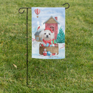 Maltese Dog In snow Christmas Dog House Garden Flag