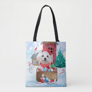 Maltese Dog In snow Christmas Dog House Tote Bag