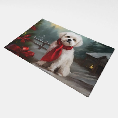 Maltese Dog in Snow Christmas  Doormat