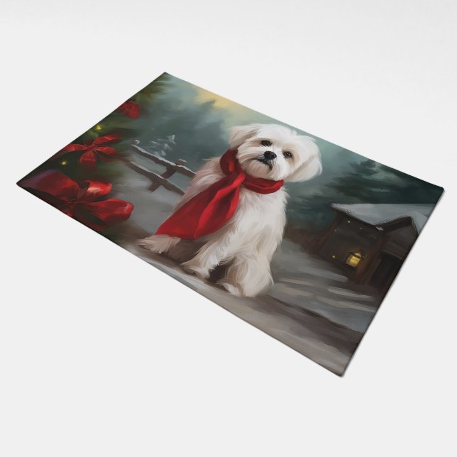 Maltese Dog in Snow Christmas  Doormat (Angled)