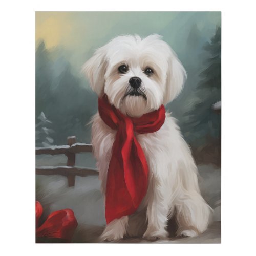 Maltese Dog in Snow Christmas  Faux Canvas Print