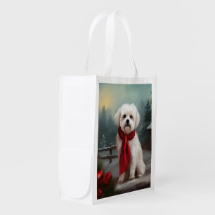 Maltese Dog in Snow Christmas Grocery Bag