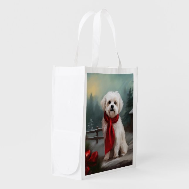 Maltese Dog in Snow Christmas  Grocery Bag (Front Side)