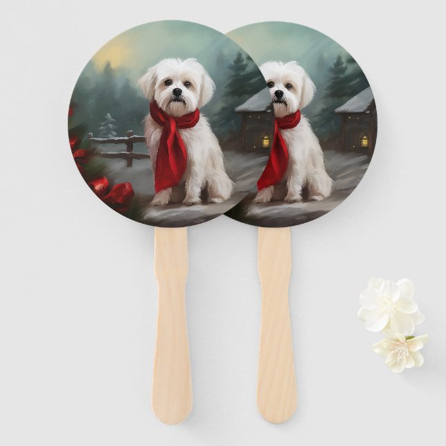 Maltese Dog in Snow Christmas  Hand Fan (Front and Back)
