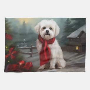 Maltese Dog in Snow Christmas Kitchen Towel
