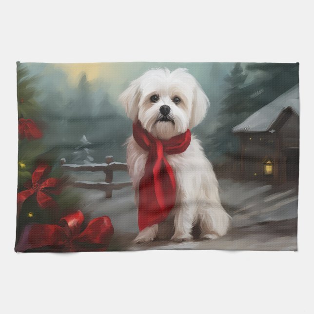 Maltese Dog in Snow Christmas  Kitchen Towel (Horizontal)