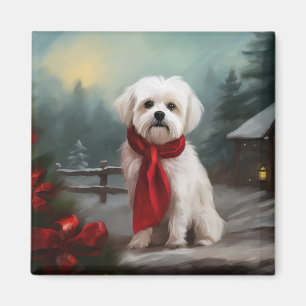 Maltese Dog in Snow Christmas Magnet