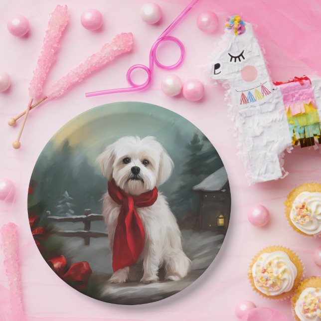 Maltese Dog in Snow Christmas  Paper Plates (Party)