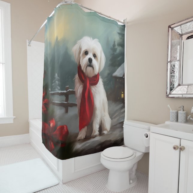 Maltese Dog in Snow Christmas  Shower Curtain (In Situ)