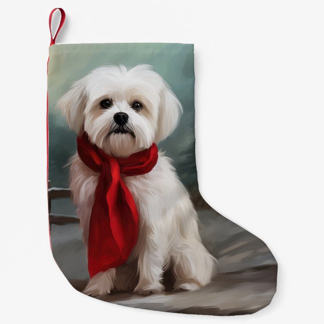 Maltese Dog in Snow Christmas  Small Christmas Stocking (Front)