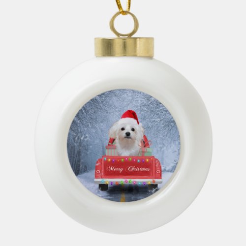 Maltese Dog in Snow sitting in Christmas Truck  Ceramic Ball Christmas Ornament