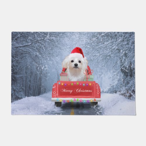 Maltese Dog in Snow sitting in Christmas Truck  Doormat