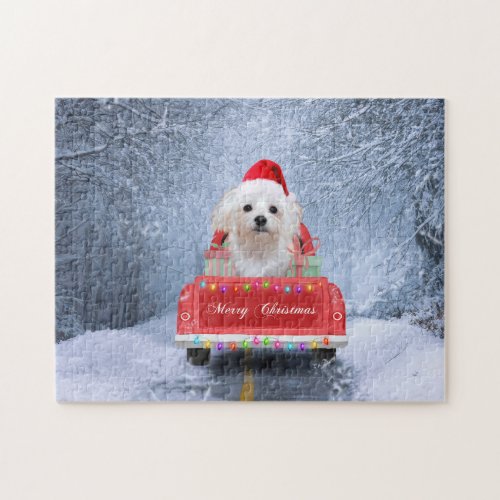 Maltese Dog in Snow sitting in Christmas Truck  Jigsaw Puzzle