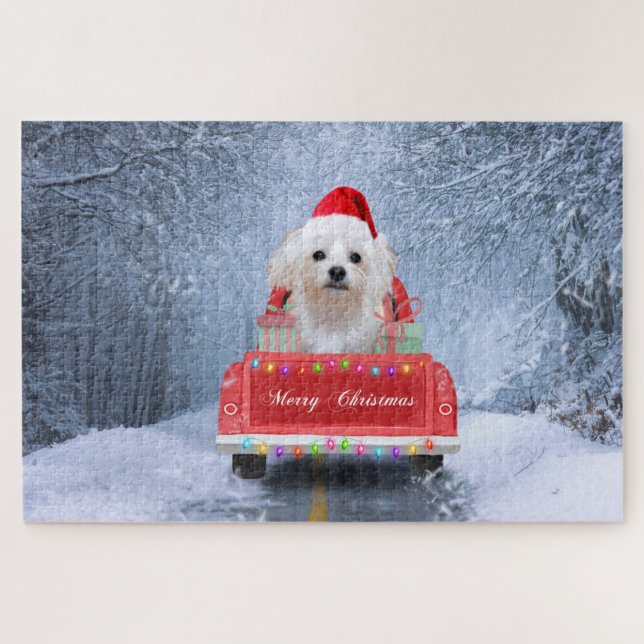 Maltese Dog in Snow sitting in Christmas Truck  Jigsaw Puzzle (Horizontal)