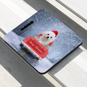 Maltese Dog in Snow sitting in Christmas Truck Seat Cushion