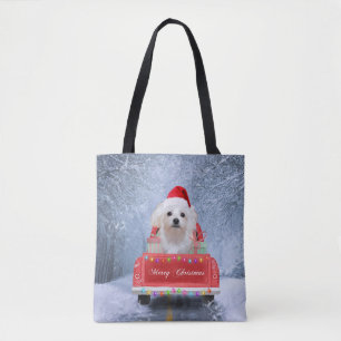 Maltese Dog in Snow sitting in Christmas Truck Tote Bag