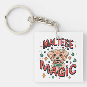 Maltese Dog Magic - Christmas in Retro 80s Style Keychain