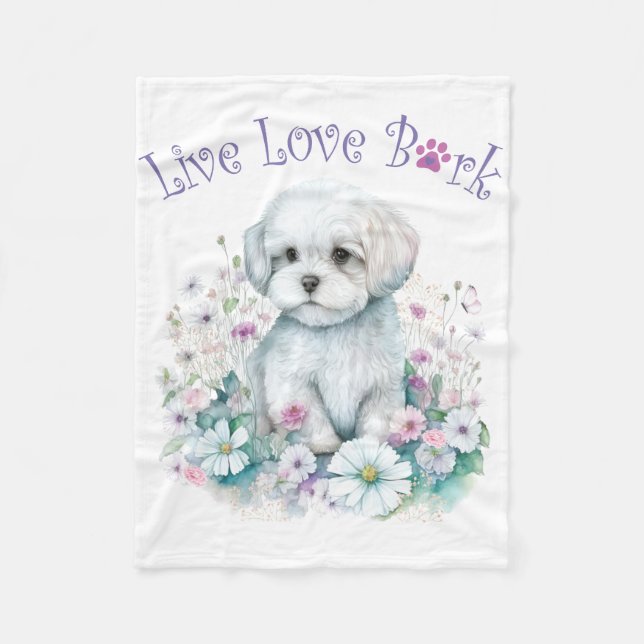 Maltese Dog Mom Floral Fleece Blanket (Front)