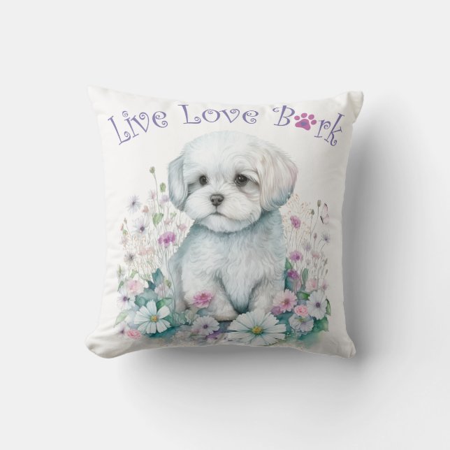 Maltese Dog Mom Floral Throw Pillow (Front)