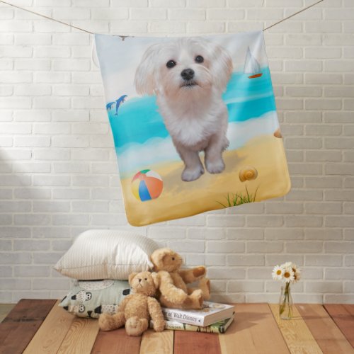 Maltese Dog on Beach Baby Blanket