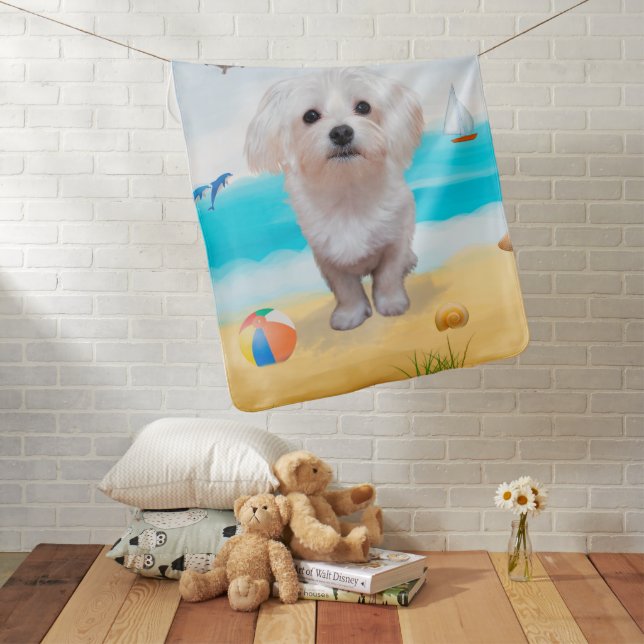 Maltese Dog on Beach Baby Blanket (In Situ)