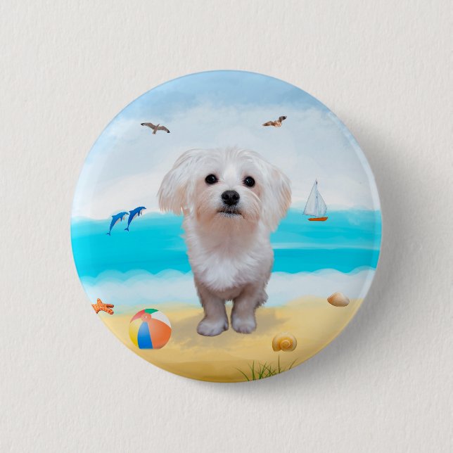 Maltese Dog on Beach Button (Front)