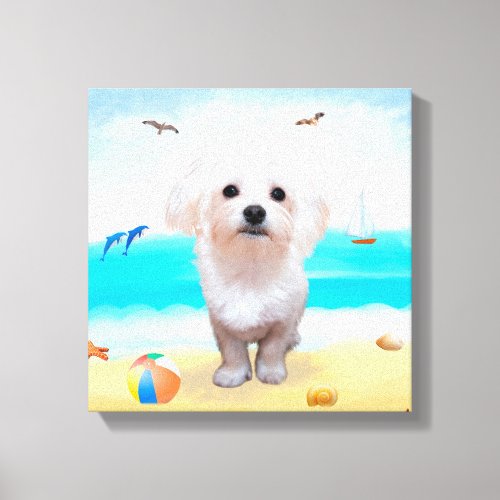 Maltese Dog on Beach Canvas Print