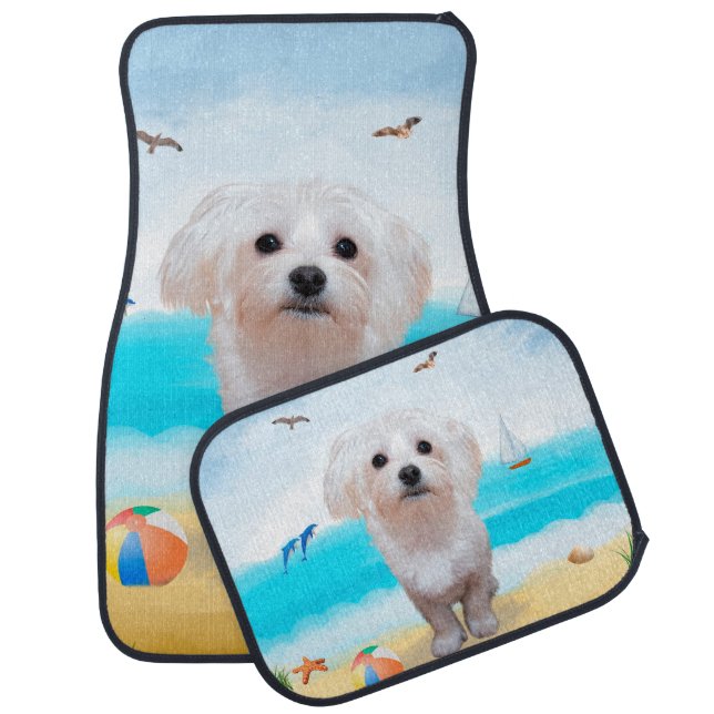 Maltese Dog on Beach Car Floor Mat (Set)