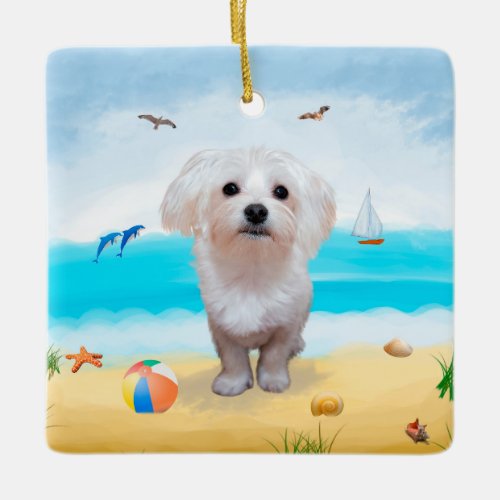 Maltese Dog on Beach Ceramic Ornament