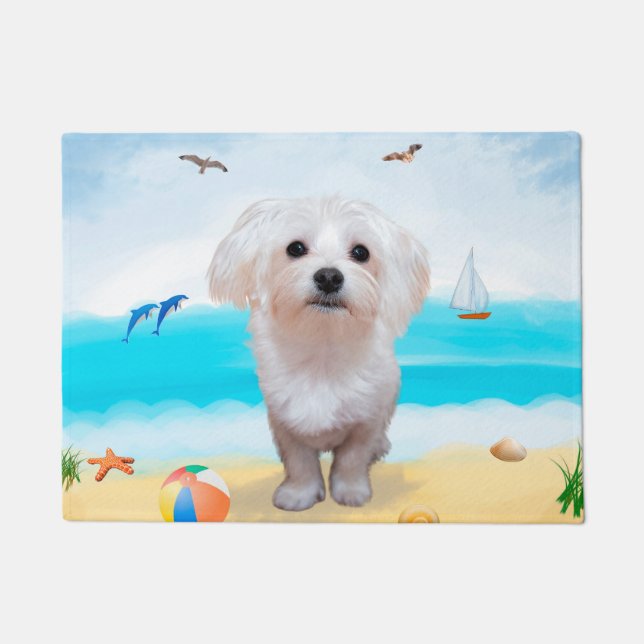 Maltese Dog on Beach Doormat (Front)