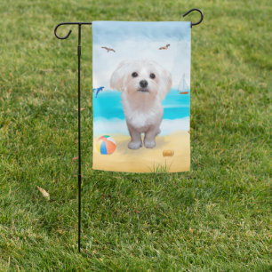Maltese Dog on Beach Garden Flag