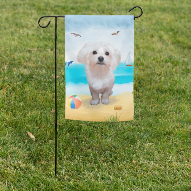 Maltese Dog on Beach Garden Flag (In SItu)