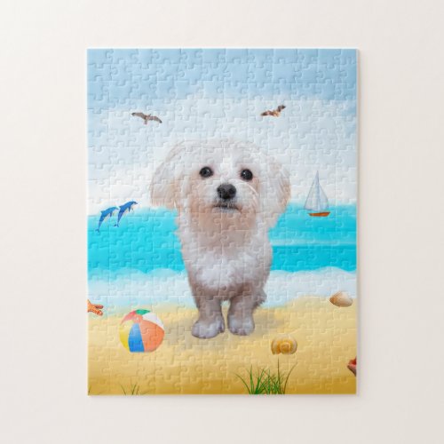 Maltese Dog On Beach Jigsaw Puzzle