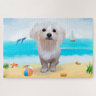 Maltese Dog on Beach Jigsaw Puzzle
