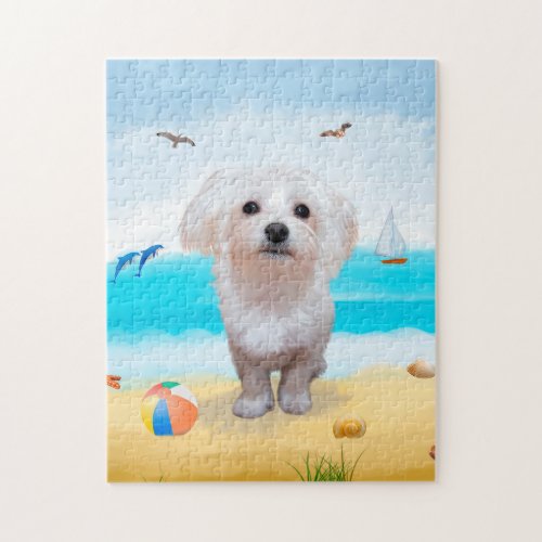 Maltese Dog on Beach Jigsaw Puzzle