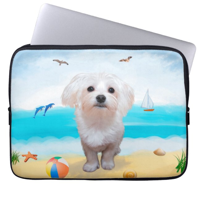Maltese Dog on Beach Laptop Sleeve (Front)