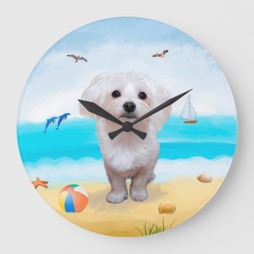 Maltese Dog on Beach Large Clock