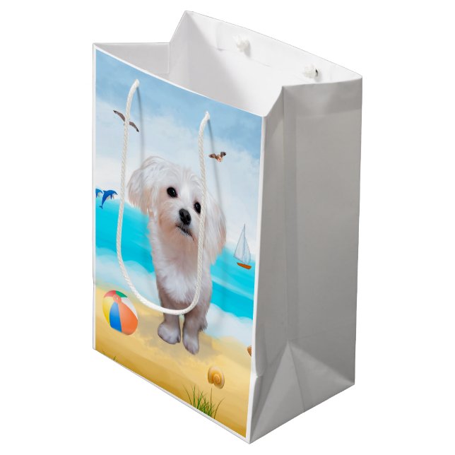 Maltese Dog on Beach Medium Gift Bag (Front Angled)