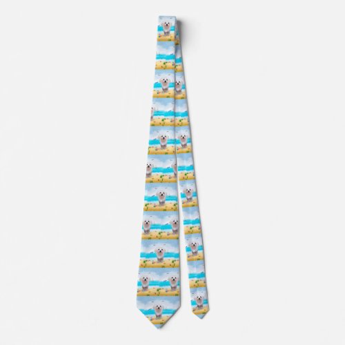 Maltese Dog on Beach Neck Tie