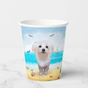 Maltese Dog on Beach Paper Cups