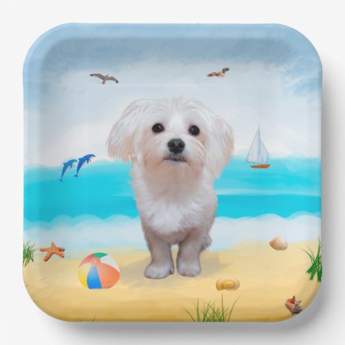 Maltese Dog on Beach Paper Plates