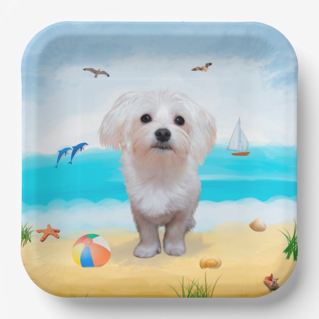 Maltese Dog on Beach Paper Plates (Front)