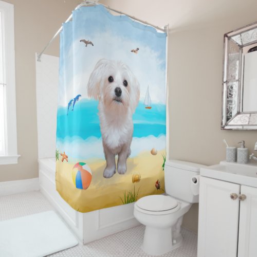 Maltese Dog on Beach Shower Curtain